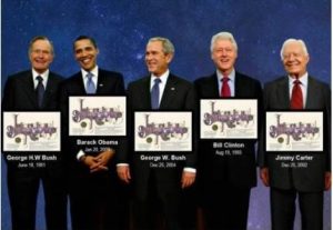 Image of 5 Us Presidents: George Bush Sr., Barack Obama, George Bush Jr., Bill Clinton, and Jimmy Carter. Their name a star certificates are super imposed in front of them.
